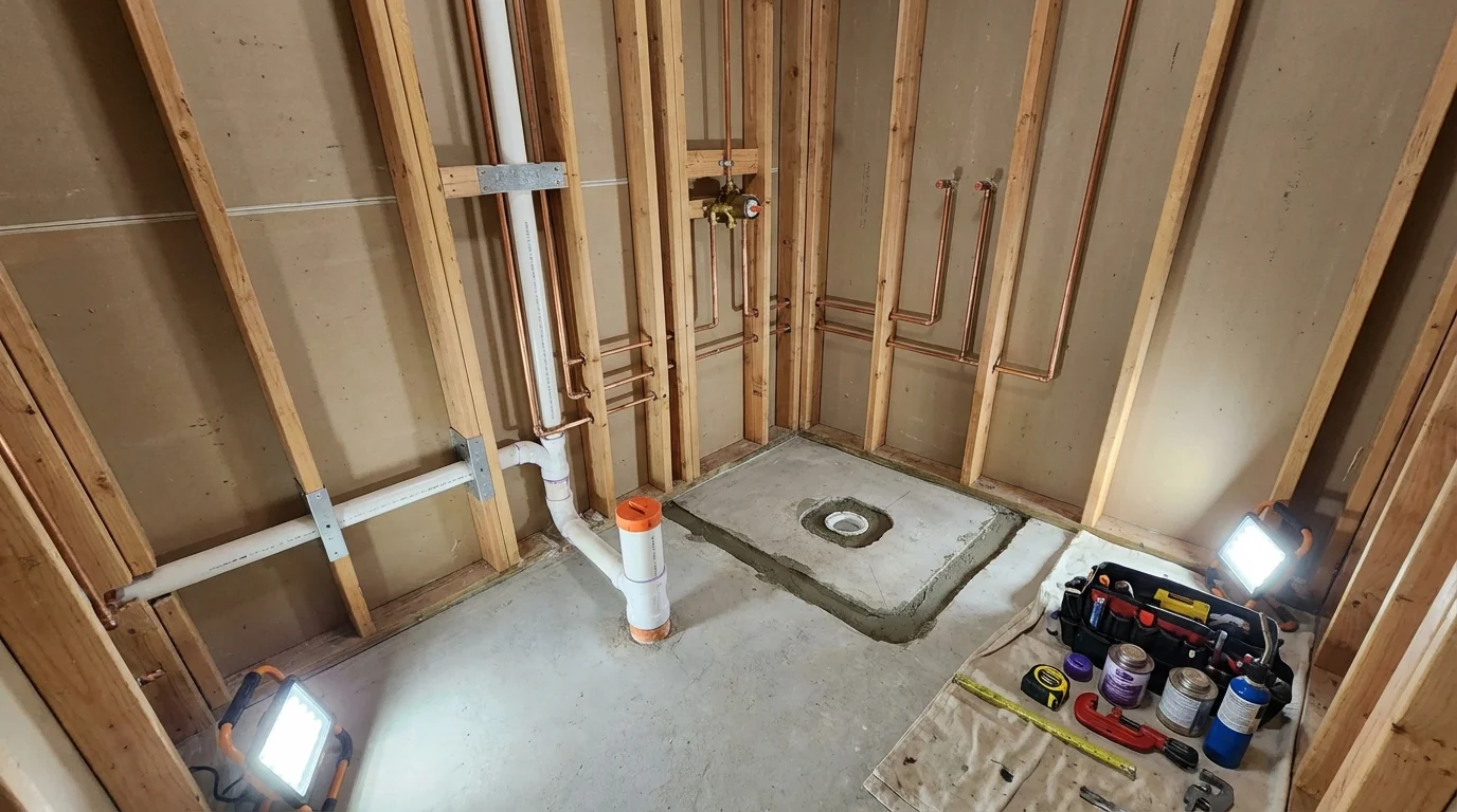 Bathroom rough-in plumbing during remodel by Johns Plumbing LLC in Valley Park