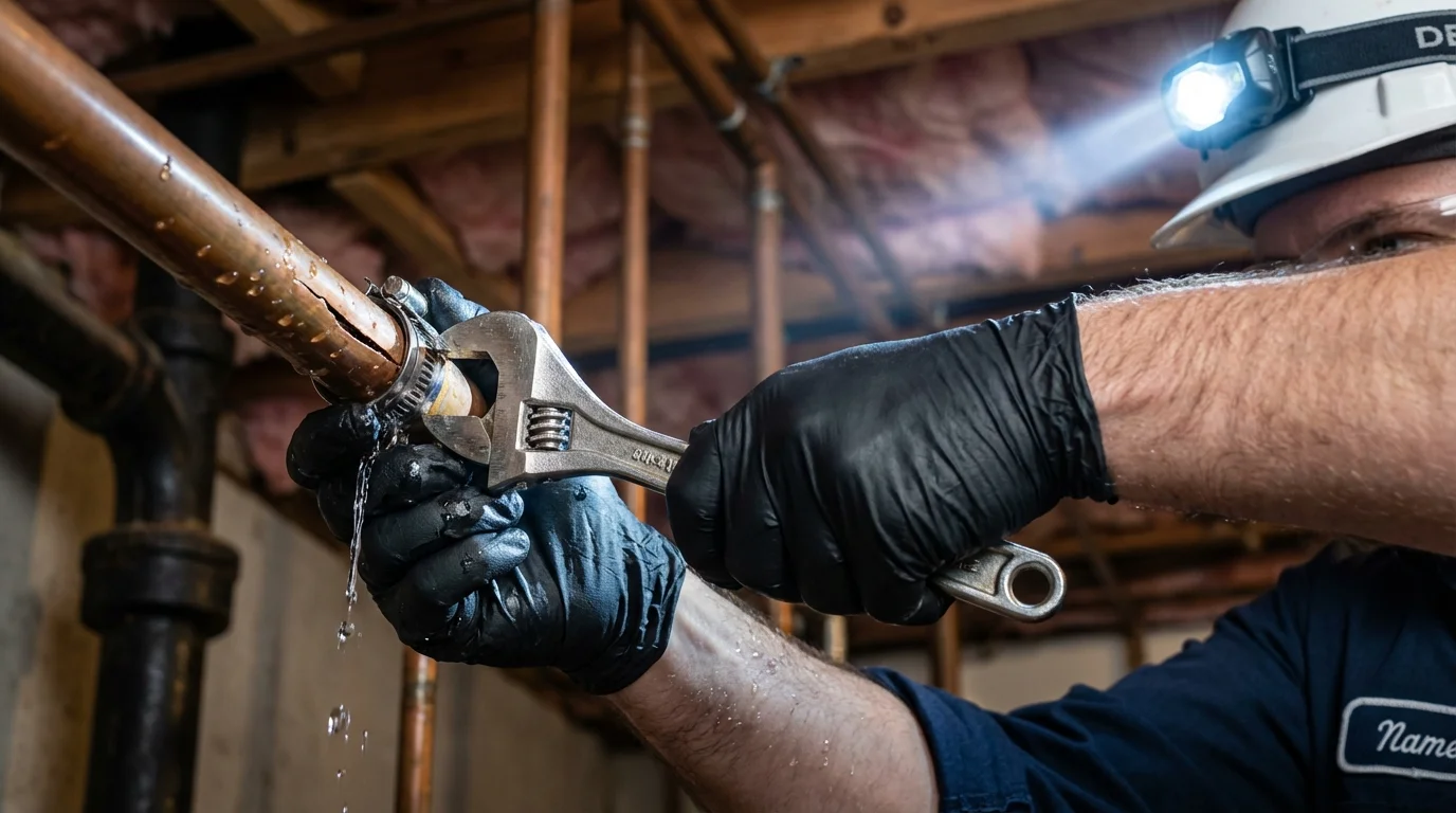 Emergency pipe clamp repair being performed by a Johns Plumbing LLC plumber in Valley Park